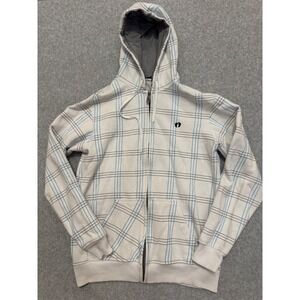 Y2K Hang Ten Mens Plaid Full Zip Hoodie White Blue Grey Sweatshirt Medium